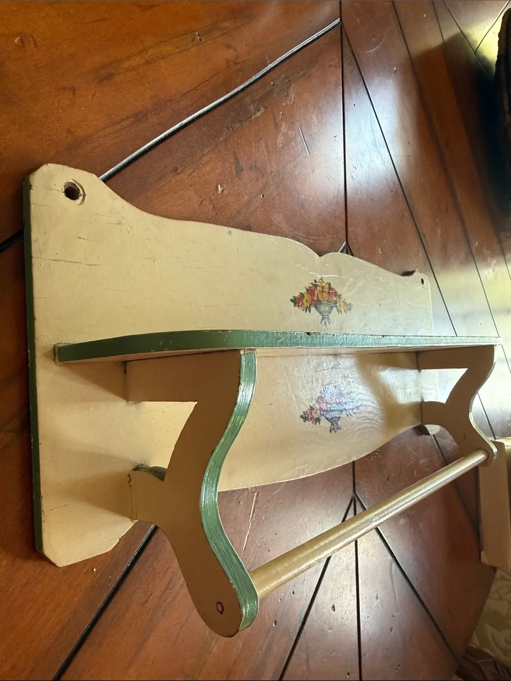 Antique 1930’s Cream Wall Shelf with Green Trim and Floral Motifs